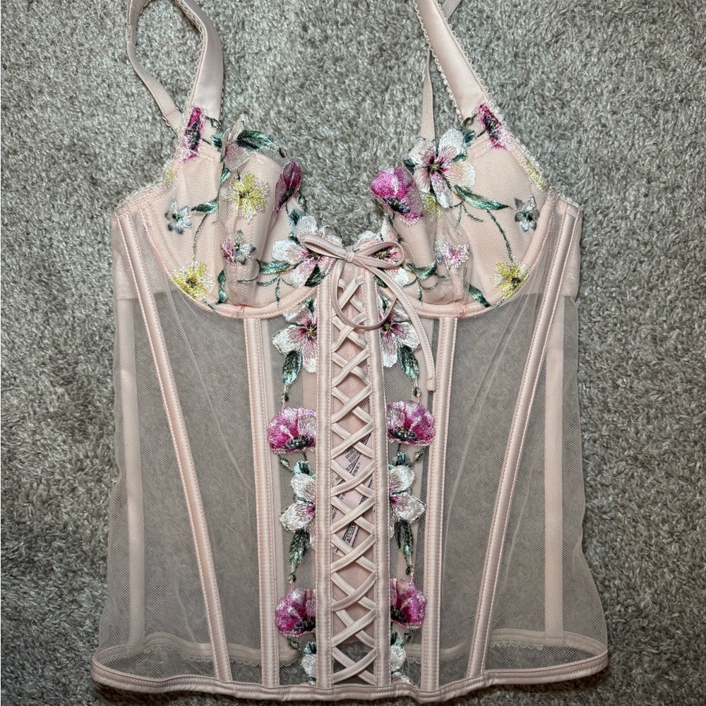 Victoria's Secret Tan and Pink Embellished Bustier Bodysuit